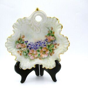 Hand Painted Porcelain Candy Trinket Dish With Gold Trim Violets Fluted
